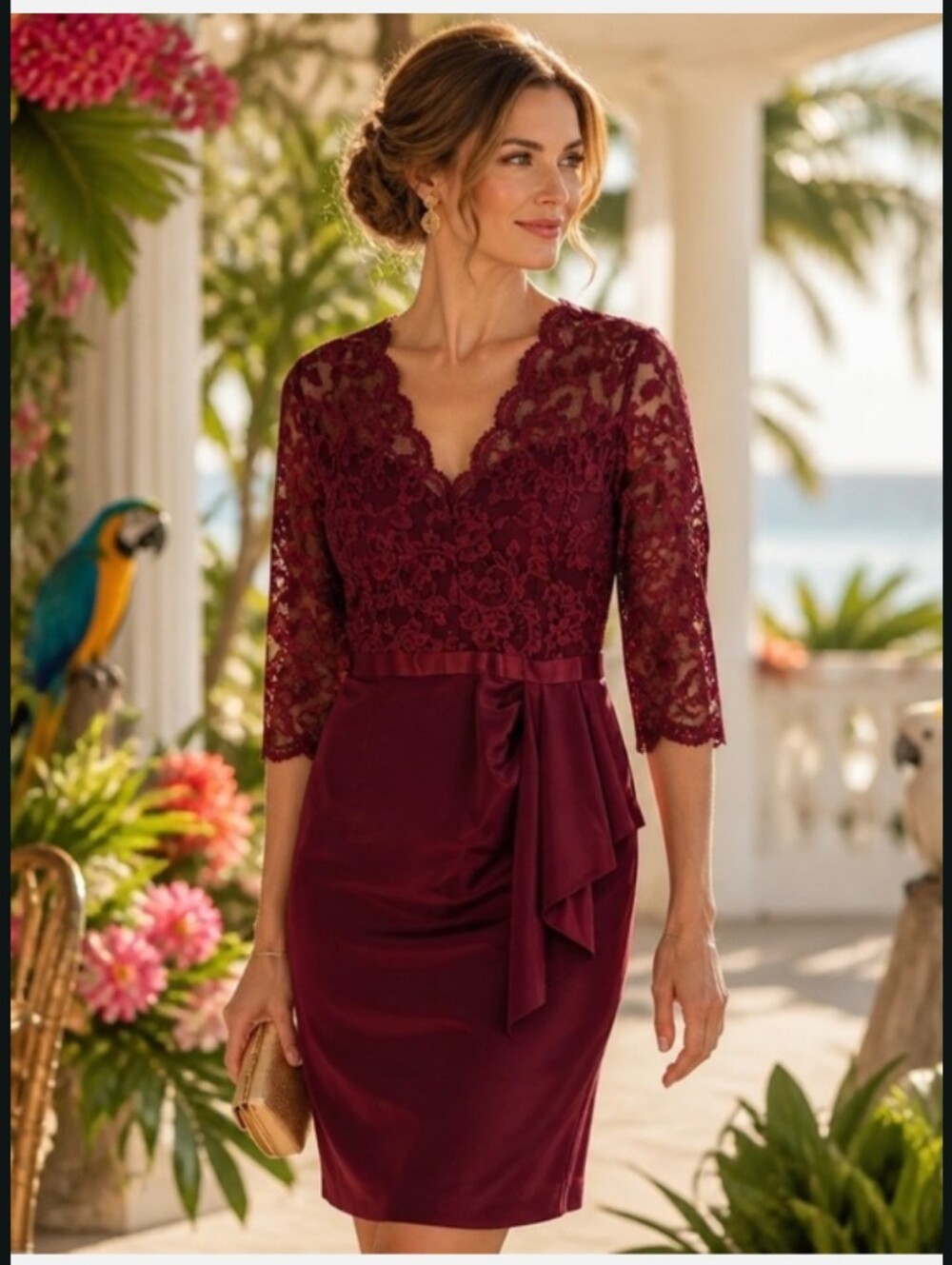 Miusol Wine Lace Midi Dress with Side Sash